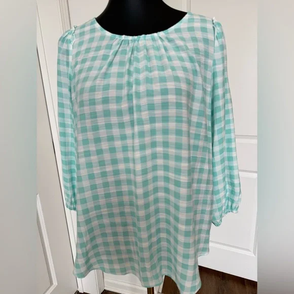 LC Lauren Conrad Aqua Checkered Blouse - Picture 2 of 8